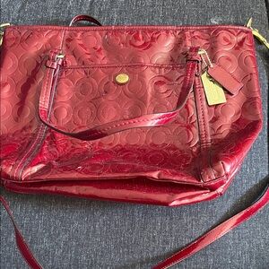 Coach Red Patent Signature Tote with Gold Tags